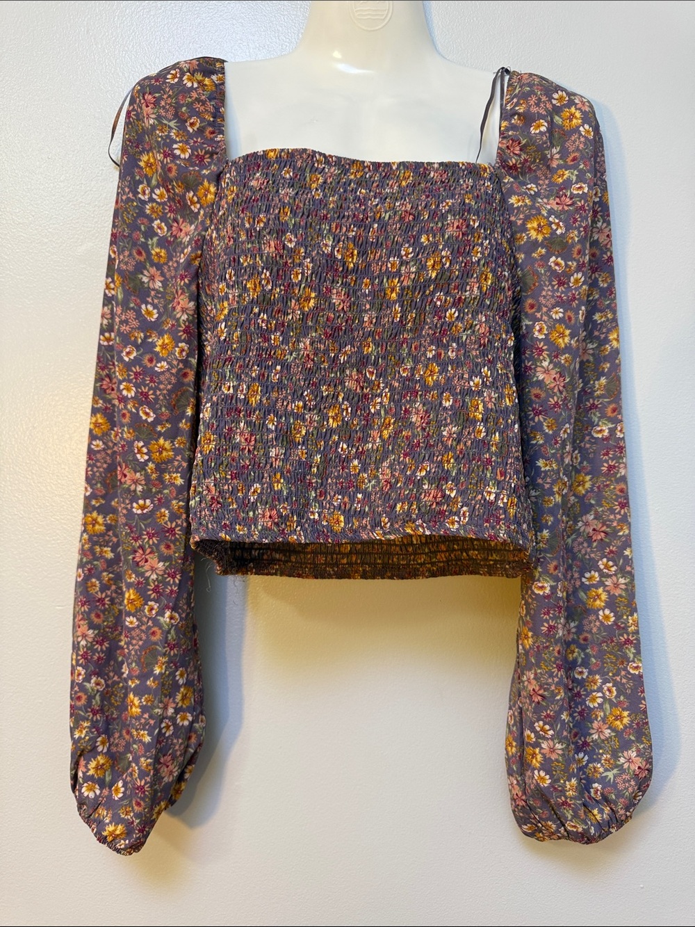 Pink Rose Purple Floral Smocked Long-Sleeve Crop Top